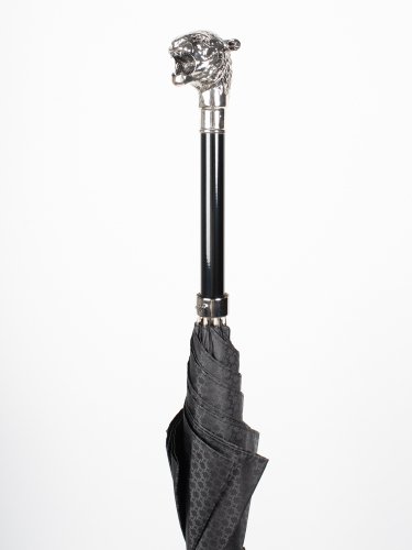 BLACK SPUARE PATTERN UMBRELLA WITH SILVER TIGER HANDLE