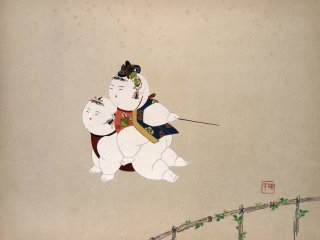 京わらべ  雅人形 くらべ馬 Kyoto's children doll painting 山岡陳平画 マリア書房  色紙(SHIKISHI)