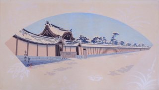 徳力富吉郎 創作木版画 冬の京都 京都御所  扇面  Kyoto Imperial Palace