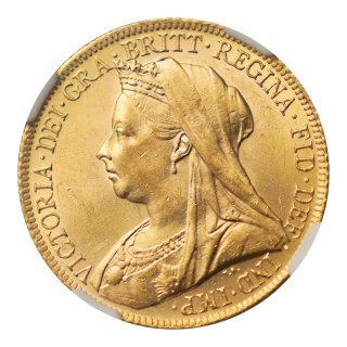 イギリス 1901年 ヴィクトリア女王ベール １ソブリン金貨 NGC AU58