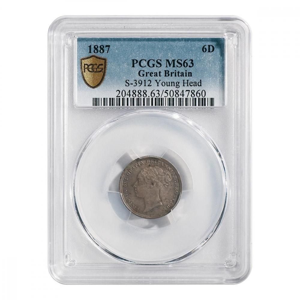 イギリス 1887年 6ペンス銀貨 ヤングヴィクトリア女王 PCGS MS63
