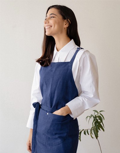 Natural Linen Half Moon chest Apron #AA2008 Blue