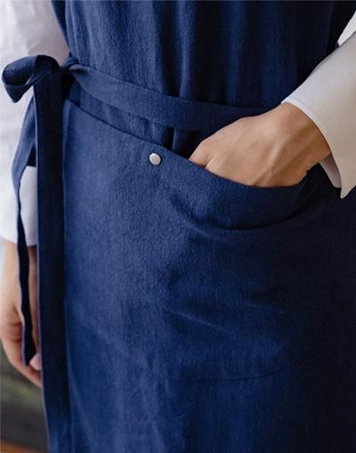 Natural Linen Half Moon chest Apron #AA2008 Blue