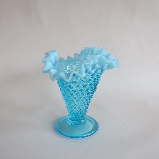 Vintage Fenton Glass Aqua Blue Opalescent Hobnail Ruffled Vase 