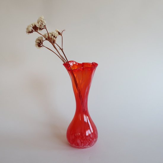 Vintage red marble glass flower vase/ビンテージ レッド マーブル 
