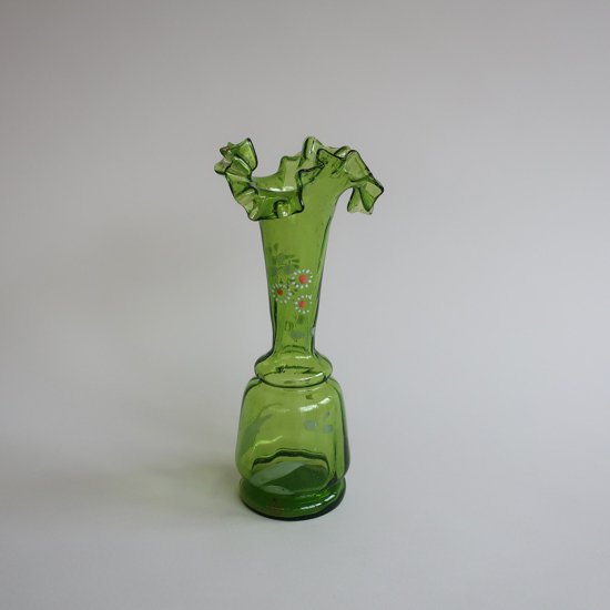 Vintage Green Ruffled Top Flower Vase ビンテージ グリーンガラス 花柄 フラワーベース 花器 花瓶 7