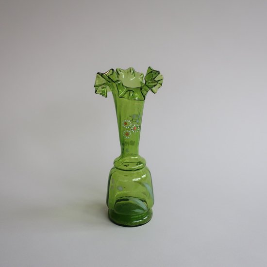 Vintage Green Ruffled Top flower vase/ビンテージ グリーンガラス