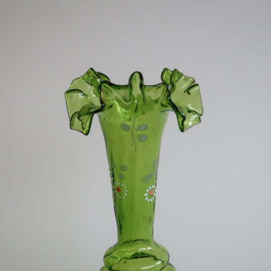 Vintage Green Ruffled Top flower vase/ビンテージ グリーンガラス 花 