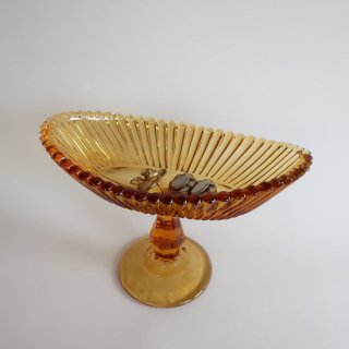 Vintage Amber Glass Oval Candy Dish/ビンテージ アンバーガラス キャンディポット/脚付き(828)