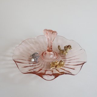 vintage Pink Glass Accessory Tray/ビンテージ ピンクガラス アクセサリー トレー/ガラス皿(856)