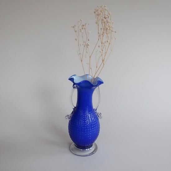 Vintage blue glass flower vase/ビンテージ ブルー ガラス フラワー ...