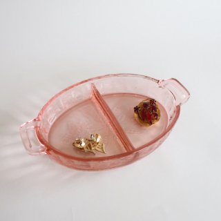 Vintage Pink Glass Tray/ビンテージ ピンクガラス セパレート トレー/ディッシュ(885)