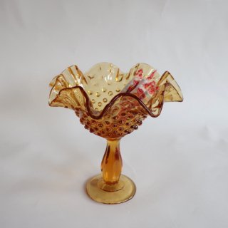 Vintage Amber Glass Ruffled Candy Dish/ビンテージ アンバーガラス キャンディポット/脚付き(887)