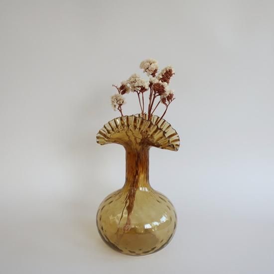Vintage Amber Glass Ruffled Flower Vase ビンテージ アンバー ガラス ラッフル フラワーベース 花器 花瓶 4
