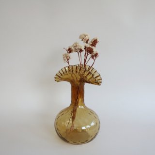 Vintage amber glass ruffled flower vase/ビンテージ アンバー ガラス ラッフル フラワーベース /花器/花瓶(894)