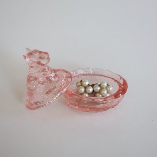 vintage mini pink glass dog accessory case/ビンテージ ピンクガラス 犬モチーフ 小物入れ オブジェ(930)