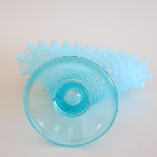 Vintage Fenton Aqua Blue Opalescent Hobnail Ruffled Fan Vase