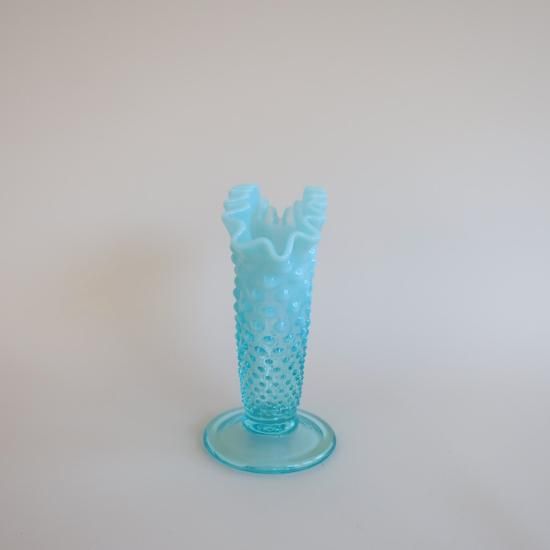 Vintage Fenton Aqua Blue Opalescent Hobnail Ruffled Fan Vase