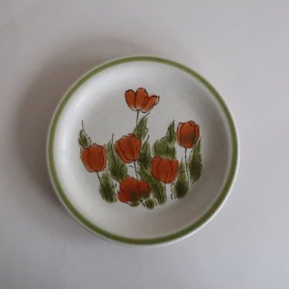 vintage 70's Orange Poppy Flowers, Green Rim Plate(S)/ビンテージ Meadowbrook社 ブレッド＆バター プレート/皿/Sサイズ(945)