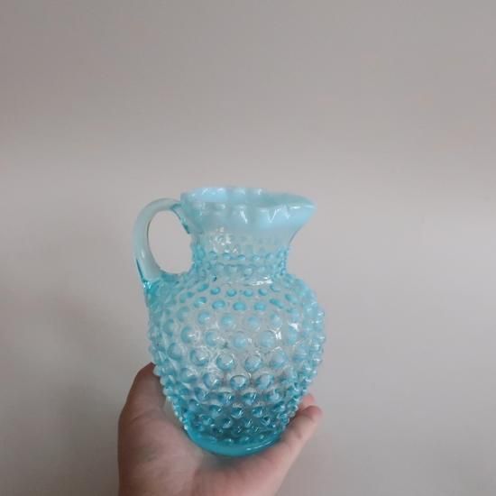 Vintage Fenton Glass Aqua Blue Opalescent Hobnail pitcher Vase