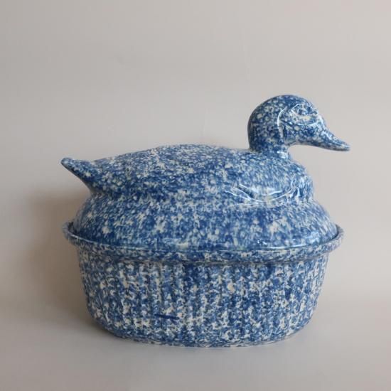 Vintage Blue Sponge Ware Duck Casserole/ビンテージ スポンジウェア