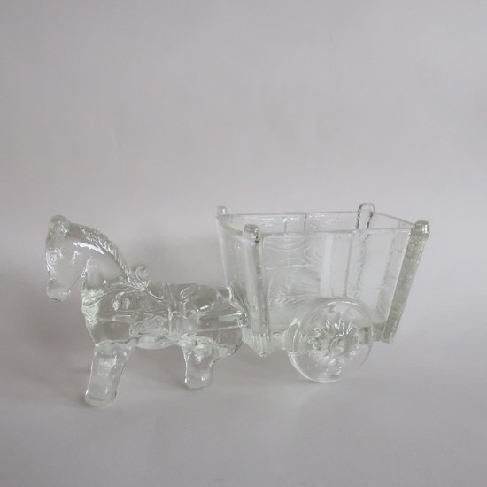 Vintage Glass Horse carriage Sculpture/ビンテージ ガラス 馬車モチーフ オブジェ 小物入れ(A021)