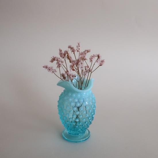 Vintage Fenton Aqua Blue Opalescent Hobnail Ruffled Mini Vase