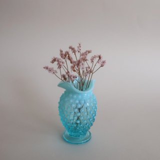 Vintage Fenton Aqua Blue Opalescent Hobnail Ruffled Mini Vase/ビンテージ フェントン社製 ミニフラワーベース/花器/花瓶(A042)
