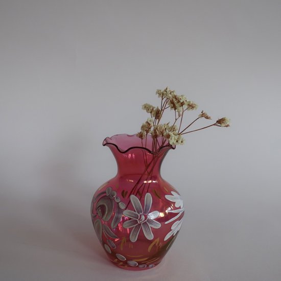 Vintage pink glass hand paint small flower vase/ビンテージ 花柄 