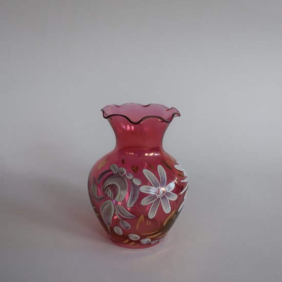 Vintage pink glass hand paint small flower vase/ビンテージ 花柄