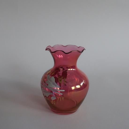 Vintage pink glass hand paint small flower vase/ビンテージ 花柄