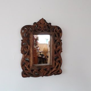 vintage small wood mirror/ビンテージ 木製 スモール ミラー(A058)