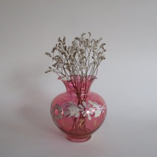 Vintage 50's Cranberry Glass Hand Painted Vase /ビンテージ Rainbow社 花柄ペイント ピンクガラス フラワーベース /花瓶(A087)