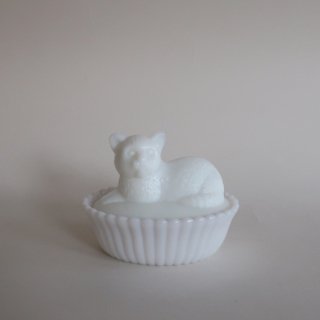 Vintage Milk Glass Cat Accessory Case /ビンテージ ミルクガラス 猫モチーフ 小物入れ(A089)