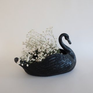 Vintage black glass swan flower vase/ӥơ ߥ륯饹   ե١/(A115)