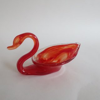 Vintage Marble Red Glass Swan Tray /ビンテージ レッド マーブルガラス スワン 小物入れ トレー(A145)