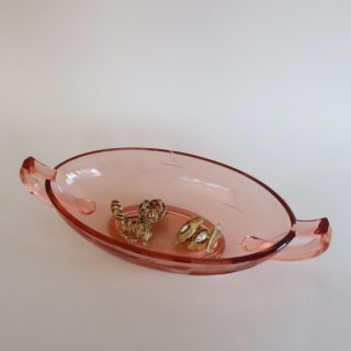 Vintage Pink Glass Accessory Tray/ビンテージ ピンクガラス アクセサリー トレー/ガラス皿(A182)