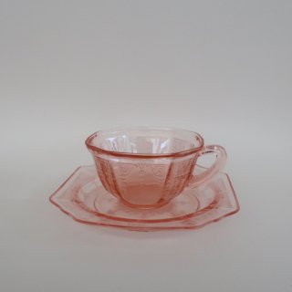 Vintage Pink depression glass cup & saucer set/ビンテージ ピンク ガラス カップ＆ソーサー set(A194)