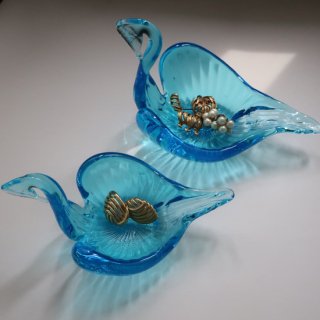 Vintage Blue Glass Swan Tray (S)/ビンテージ ブルーガラス スワン 小物入れ トレー Sサイズ(A215)