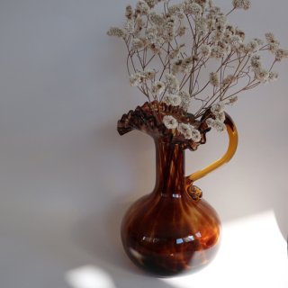 Vintage Amber Marble Glass Ruffled Flower Vase/ビンテージ アンバー ガラス ラッフル フラワーベース /花器/花瓶(A305)