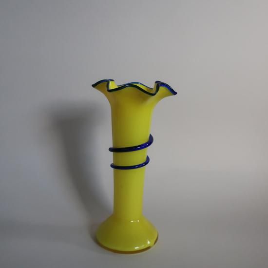 Vintage Yellow×Blue Glass Ruffled Flower Vase/ビンテージ