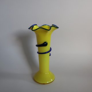 Vintage Yellow×Blue Glass Ruffled Flower Vase/ビンテージ イエロー ガラス ラッフル フラワーベース /花器/花瓶(A317)