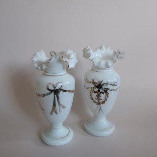 Antique Victorian Ruffled Top Hand Painted Glass Vase/アンティーク ビクトリアン ラッフルトップ フラワーベース /花器/花瓶(A331)