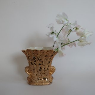 Vintage 50's SPATTER GLAZE Ceramic Gold Flower Vase/ビンテージ 陶器 ゴールド フラワーベース/花瓶(A388)