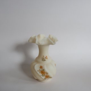Vintage Fenton Custard Satin Glass Ruffled Hand Painted Vase/ビンテージ フェントン社 フラワーベース/花器/花瓶(A390)