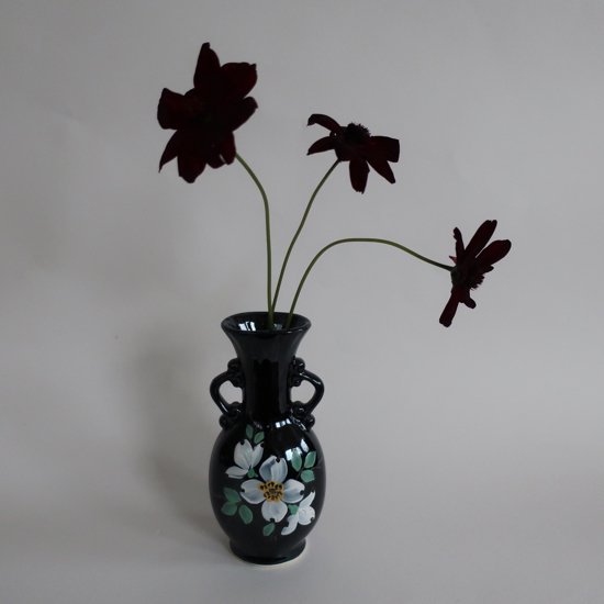 Vintage Black Ceramic Hand paint Flower Vase/ビンテージ 陶器 