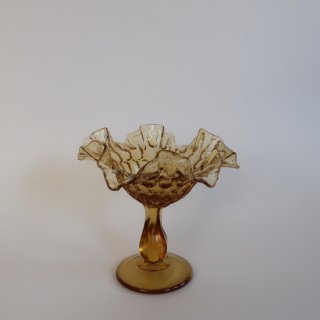 Vintage Amber Glass Ruffled Candy Dish/ビンテージ ITALY製 アンバーガラス キャンディポット/脚付き(A453)