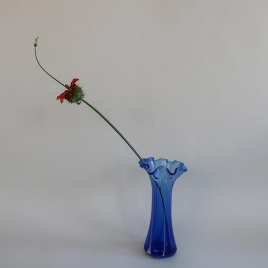 Vintage Blue×White Glass Flower Vase/ビンテージ ブルー ガラス フラワーベース /花器/花瓶(A473)