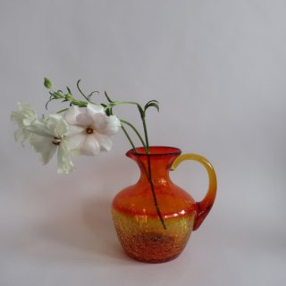 Vintage Orange Glass Jug Flower Vase/ビンテージ オレンジ  クラックガラス ピッチャー フラワーベース /花器/花瓶(A502)
