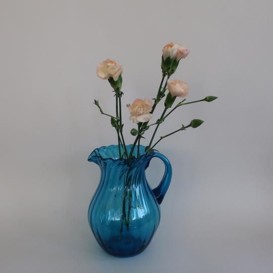 Vintage Blue Glass Jug Flower Vase (L size)/ビンテージ ブルー ガラス ピッチャー フラワーベース  /花器/花瓶(A532)